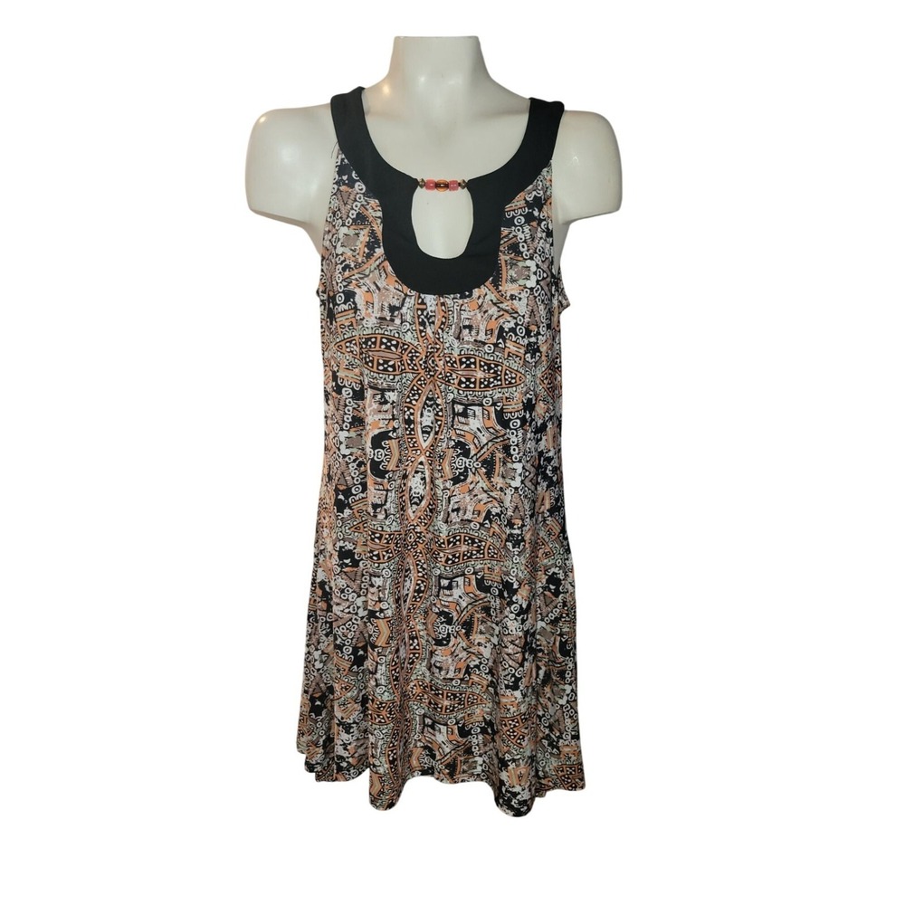 Mlle Gabrielle Sleeveless Beaded Keyhole Tribal Print Shift Dress Orange Black M